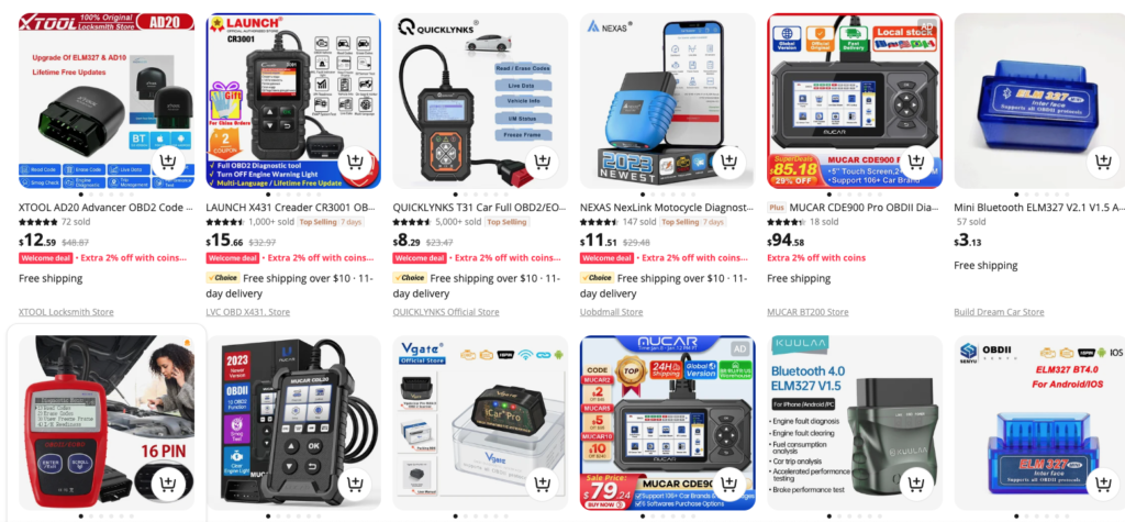 A collection of OBD-II scanners on AliExpress, ranging from very cheap to pricy.